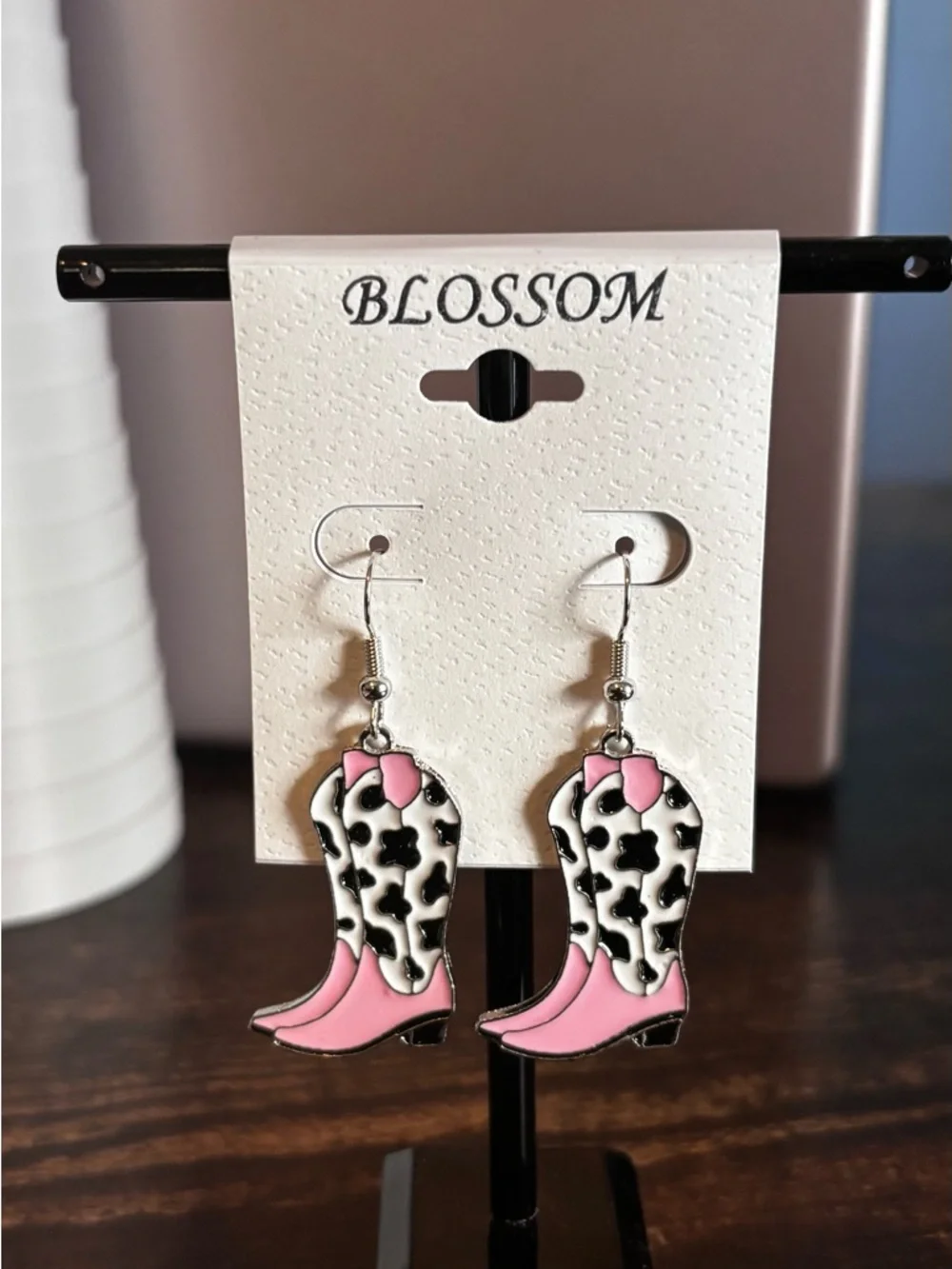 Blossom Pink & Black Cowprint Cowboy Boot Earrings‎ - Picture 3 of 3
